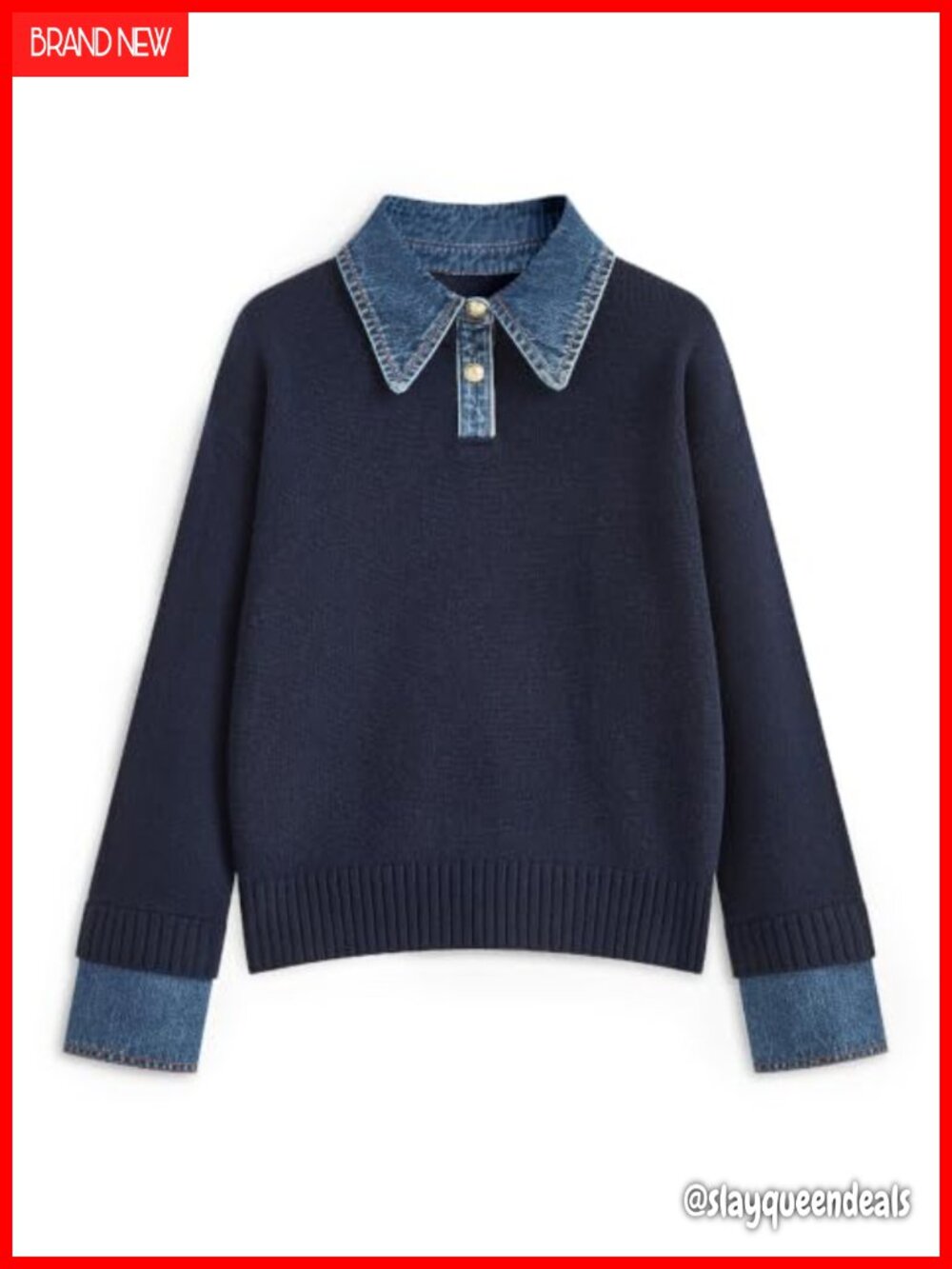 Womens Oversized Polo Sweater Viscose Blend Knit Denim Collar Pullover